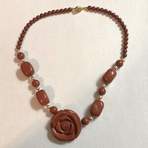 Lee Sands Carved Jasper Rose Necklace with Pearls and Gold Beads